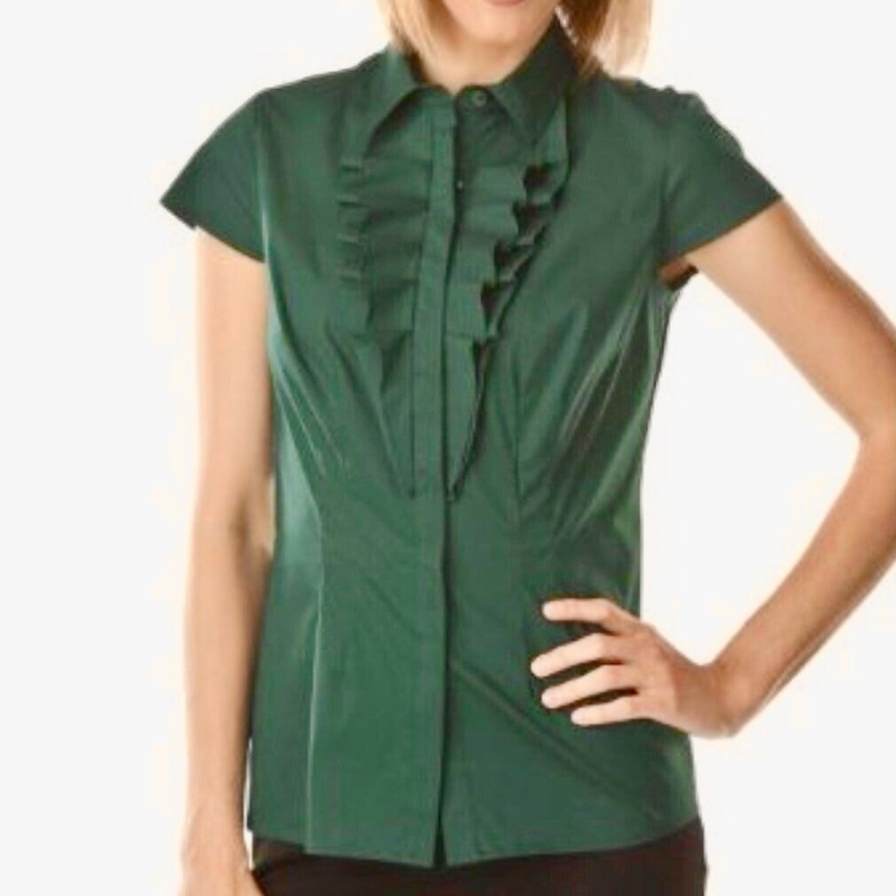 Women Emerald Green Button Down Shirt Mossimo Top M Ruffles Blouse short sleeves